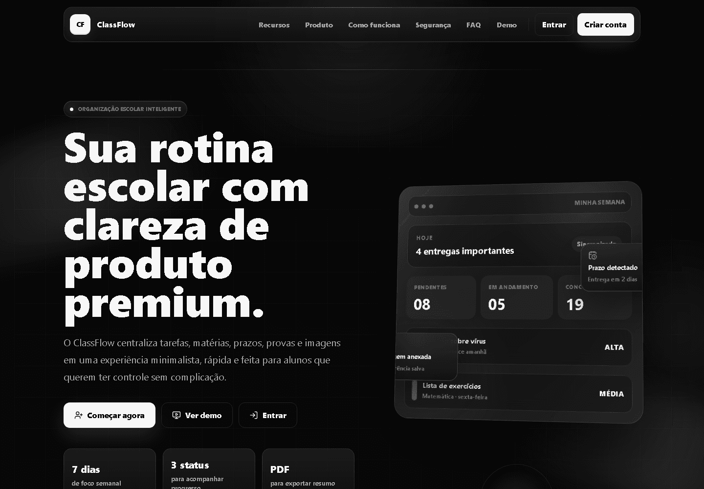Landing page real do ClassFlow em tema escuro